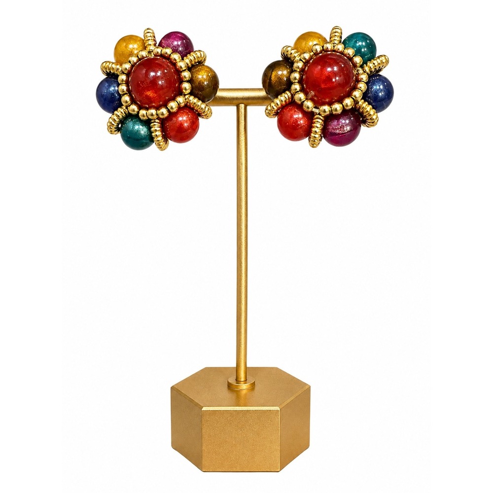 Vintage Multicolor Lucite Cabochon Clip-On Earrings Gold Tone Statement Cluster